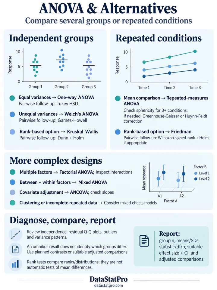 DataStatPro guide to independent and repeated-measures ANOVA, Welch, Kruskal-Wallis, Friedman, adjusted comparisons and more complex designs.