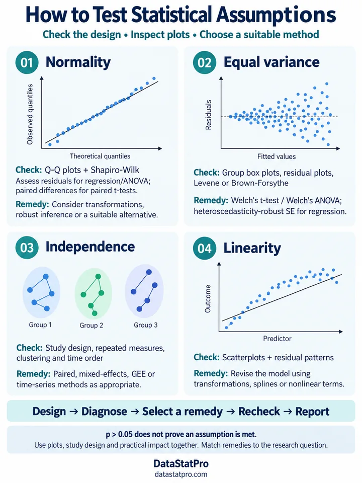 DataStatPro infographic covering normality, equal variance, independence and linearity, with diagnostic checks and suitable remedies.